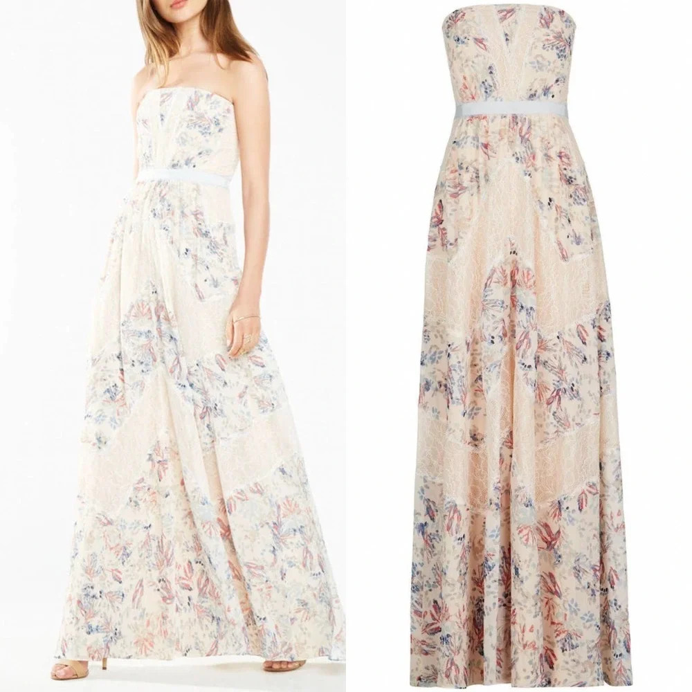 BCBGMAXAZRIA Elle Strapless Floral‎ Print-Blocked Gown Size 2